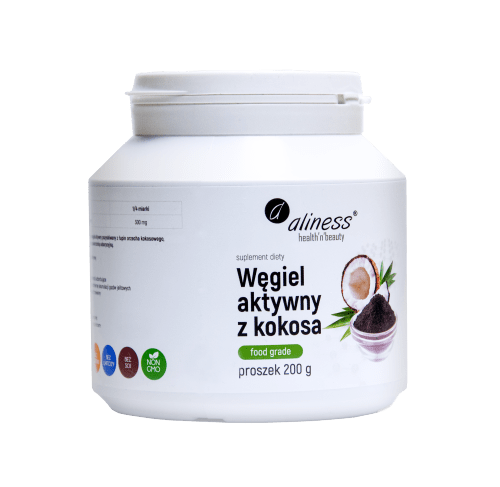Wegiel-aktywny-packshot-z-foto-24.05.2023 ALINESS WĘGIEL AKTYWNY Z KOKOSA PROSZEK 200g - obrazek 1